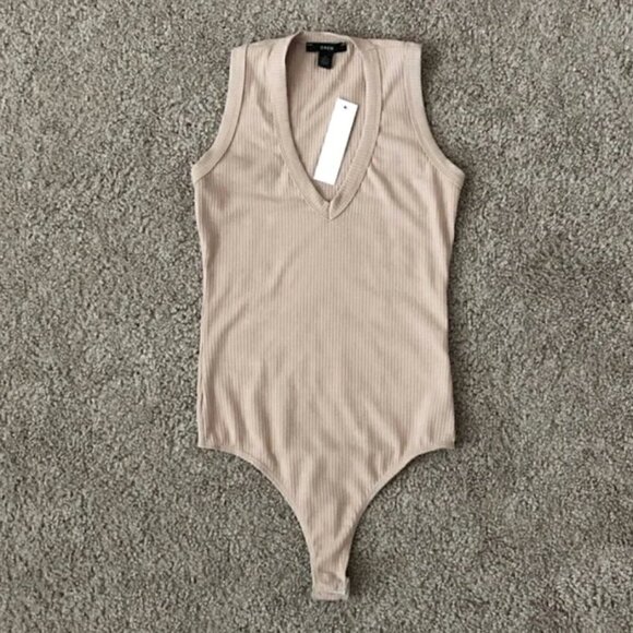 Drew Bodysuit XS NWT Sleeveless V-Neck Ribbed Cuban Sand Neutral Minimalist - Picture 2 of 10